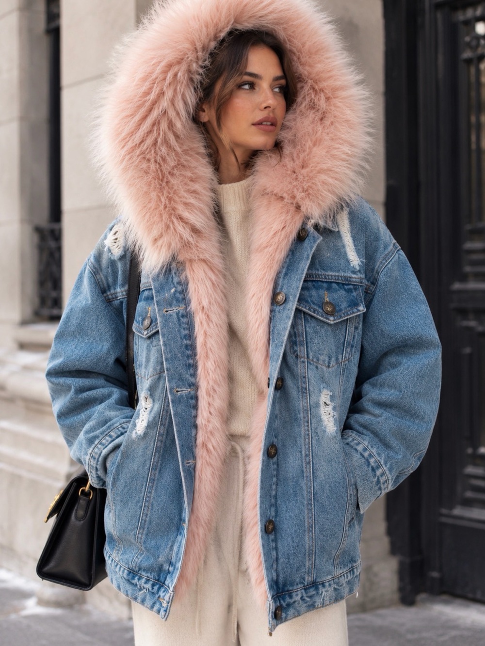 Denim Jacket with Pink Fur Trim - Women's Coat